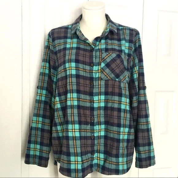 C & C California aqua & brown plaid flannel shirt XS - Picture 1 of 7